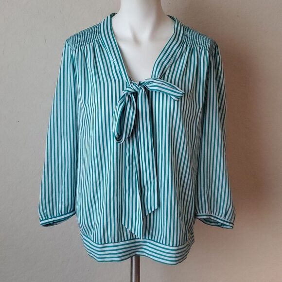 The Limited Tops - The Limited Teal Green Vertical Striped Tie Neck Blouse Size Medium 3/4 Sleeve